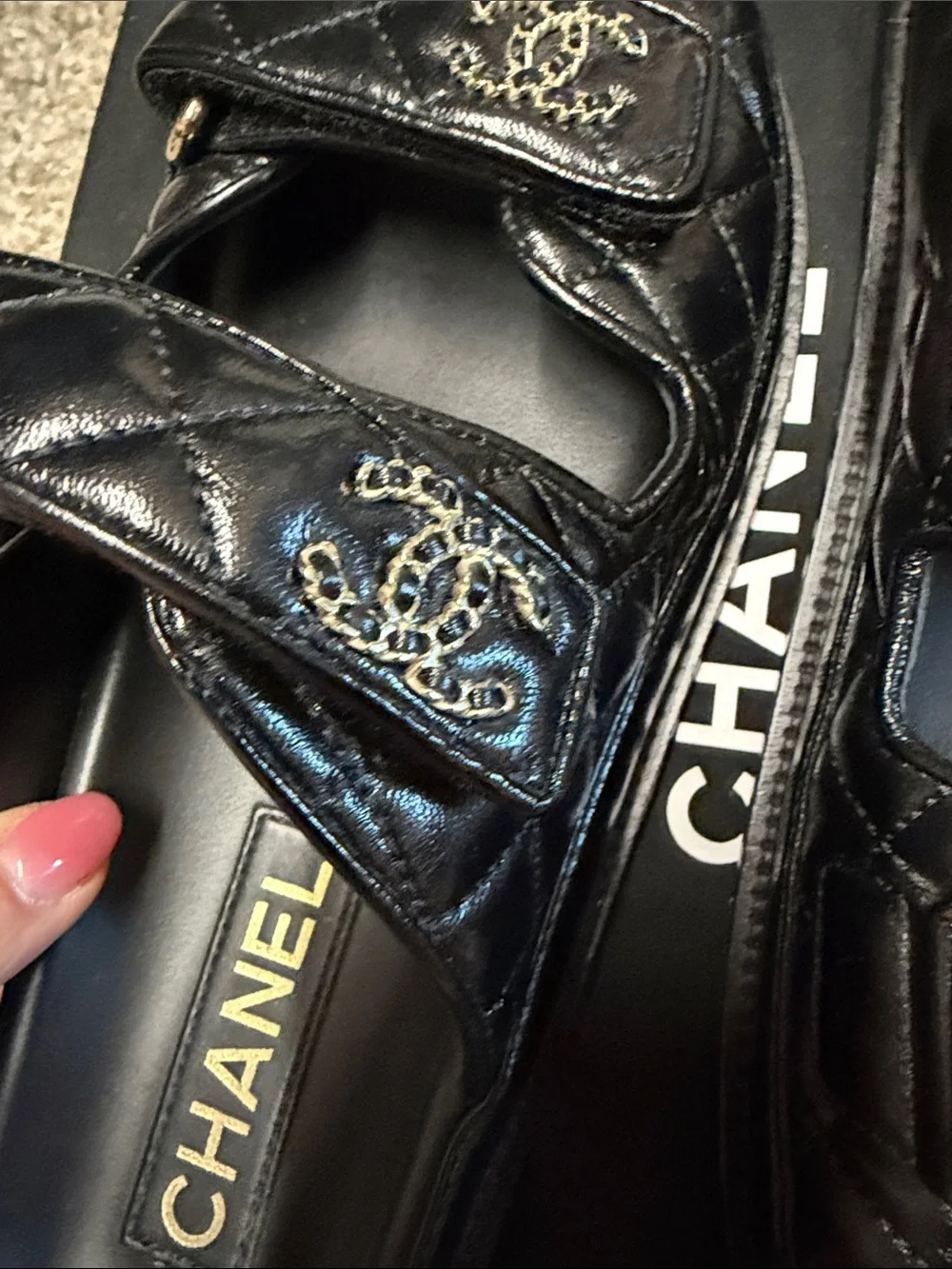 CHANEL Black Quilted Double-Strap Logo Slides with Gold Hardware